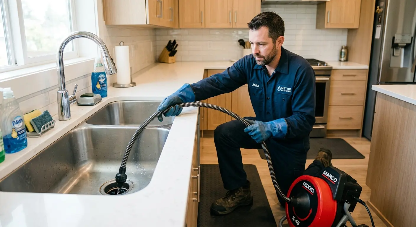 Drain cleaning technician using a motorized snake on a kitchen sink in Jacinto City
