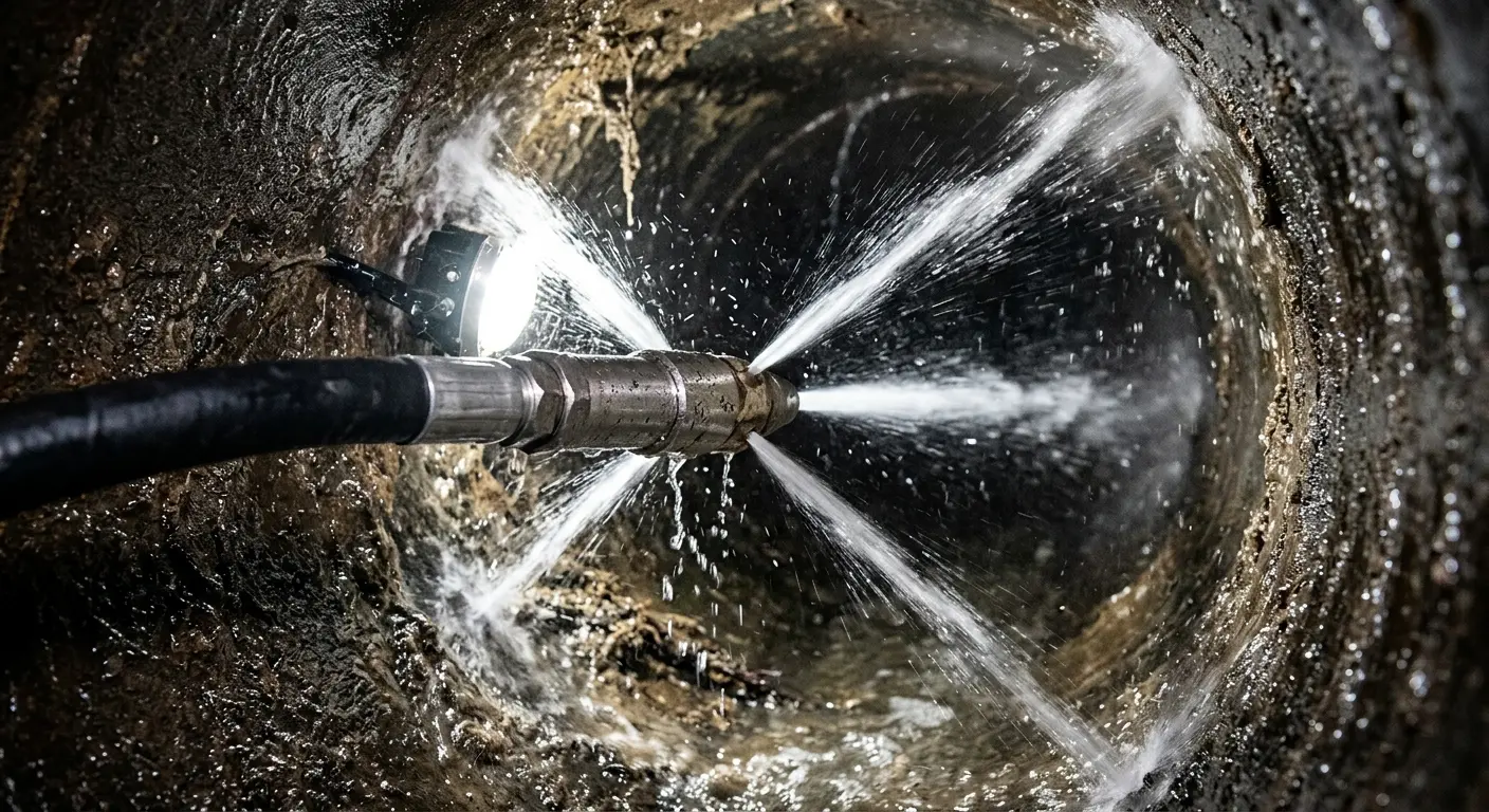 High-pressure hydro jetting nozzle cleaning sewer pipe for Sewer Cleanout in Jacinto City