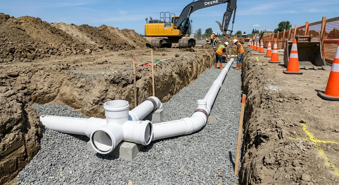 New PVC sewer pipe installation in open trench for Sewer Backup in Jacinto City