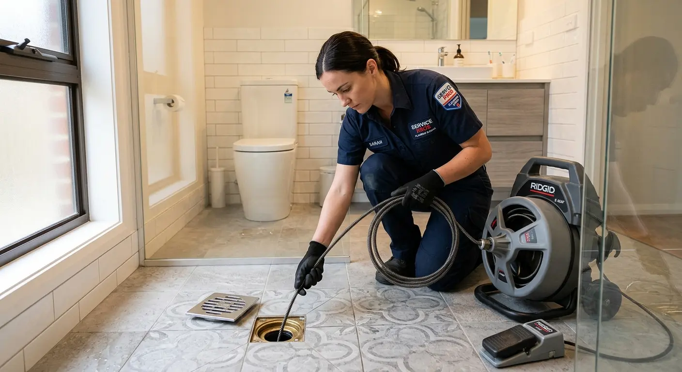 Technician clearing a bathroom floor drain for Drain Repair in Jacinto City